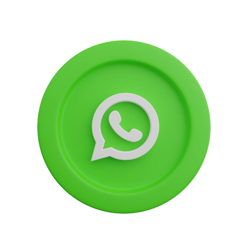 3D green WhatsApp icon button with white logo in the center, displayed on a transparent or white background, used for messaging, customer support, or chat communication on mobile or website platforms.