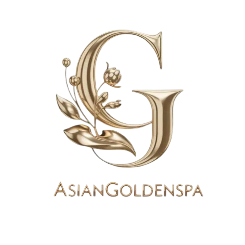 Asian Golden Spa transparent logo with gold lotus symbol and golden text “ASIAN GOLDEN SPA” on a clear background, representing luxury spa services – located in Nakheel Prime Hotel, Ras Al Khaimah – asiangoldenspa.com