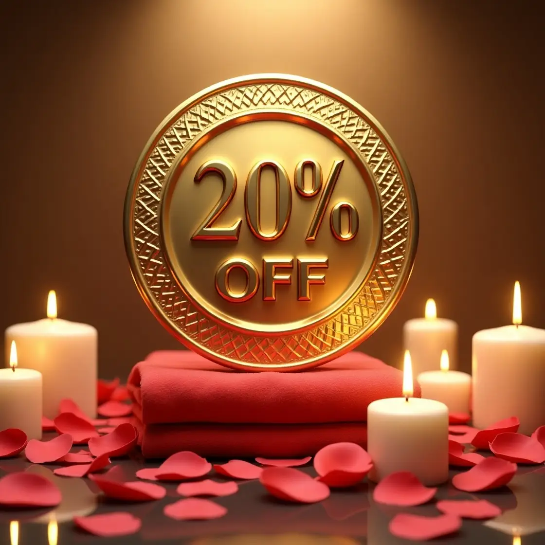 Luxurious golden medallion showing "20% OFF" surrounded by candles, rose petals, and red towels at a spa setting in Ras Al Khaimah's Nakheel Prime Hotel.