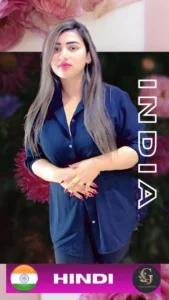 Indian female spa therapist at Asian Golden Spa in Ras Al Khaimah, wearing navy blue uniform with floral background and text "India" and "Hindi", representing professional massage services by Hindi-speaking staff.
