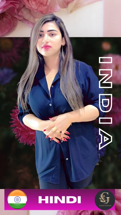 Indian female spa therapist at Asian Golden Spa in Ras Al Khaimah, wearing navy blue uniform with floral background and text "India" and "Hindi", representing professional massage services by Hindi-speaking staff.
