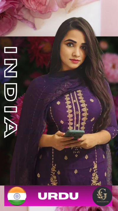 Indian female massage therapist in purple traditional dress holding a phone, standing confidently with long dark hair, representing Indian staff at Asian Golden Spa Ras Al Khaimah; Urdu-speaking therapist offering full body massage, oil massage, and spa services in Nakheel, with floral background and "INDIA" and "URDU" text for cultural identification.