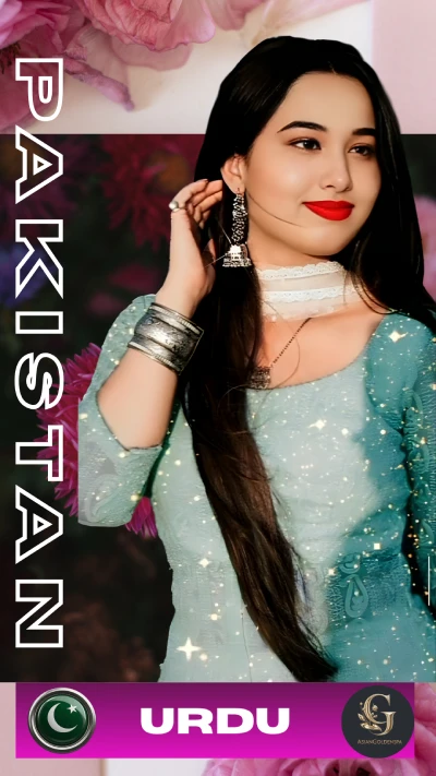 Pakistani female massage therapist with long black hair, wearing traditional light blue dress with silver jewelry, posing confidently for Asian Golden Spa Ras Al Khaimah; Urdu-speaking massage expert representing Pakistani staff available for full body massage, oil massage, and relaxing therapy services—background features soft floral theme with "PAKISTAN" and "URDU" text highlighting cultural identity.