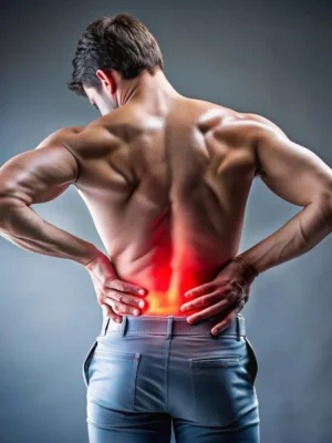 Man experiencing intense lower back pain, highlighting spinal tension – massage therapy available at Asian Golden Spa, Nakheel, Prime Hotel, Ras Al Khaimah – Call 056 978 9770